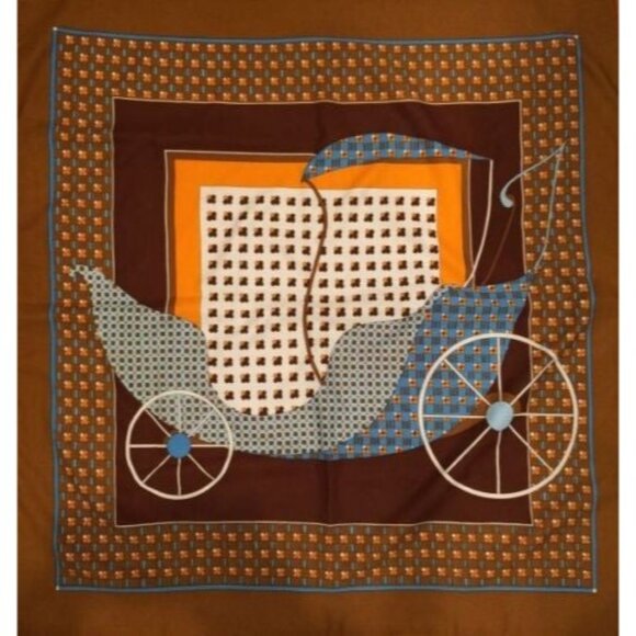Vintage Hand Rolled Brown Blue Orange Old Fashioned Car Print Scarf 29" Square - Picture 1 of 4